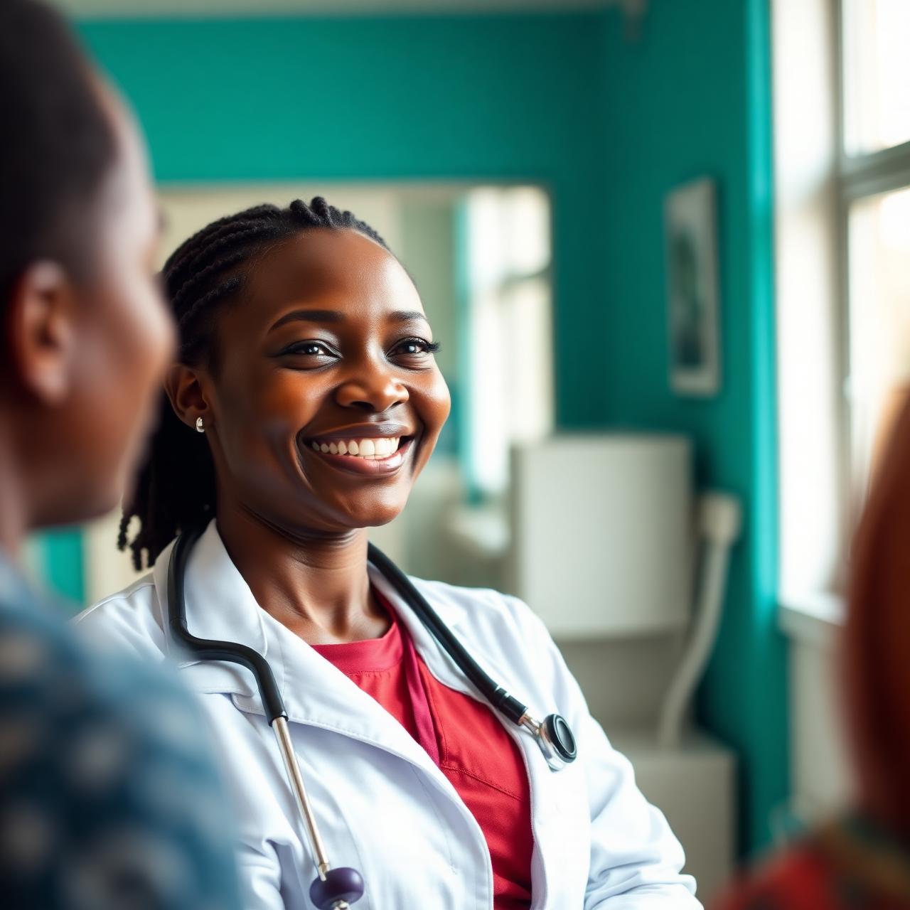 Ugandan doctor smiling with a patient in a bright clinic